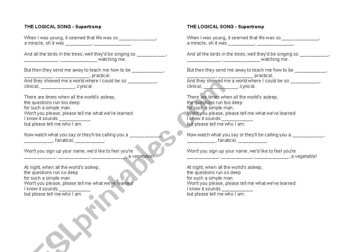 THE LOGICAL SONG - Supertramp worksheet