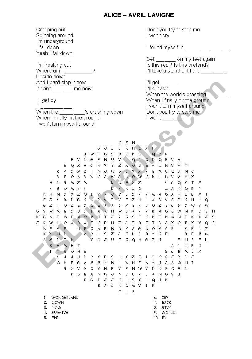 ALICE - AVRIL LAVIGNE worksheet