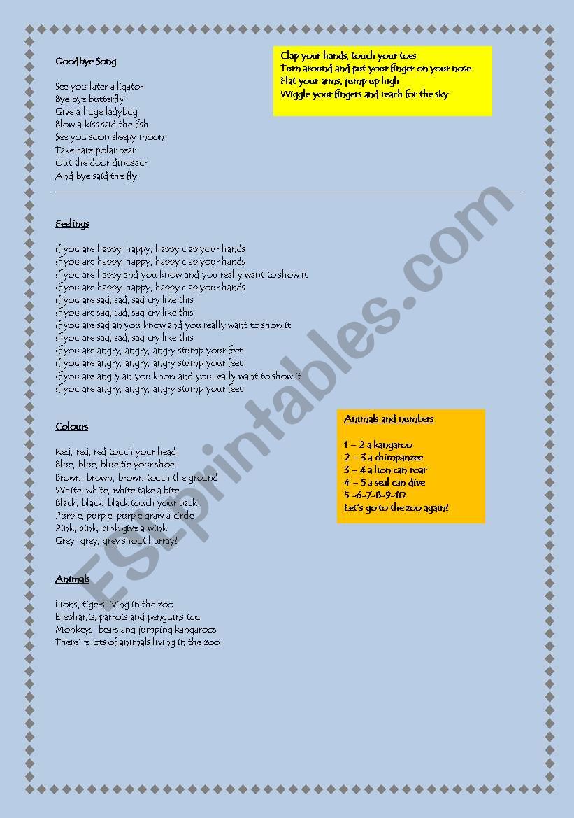 KIndergarten songs and poems worksheet