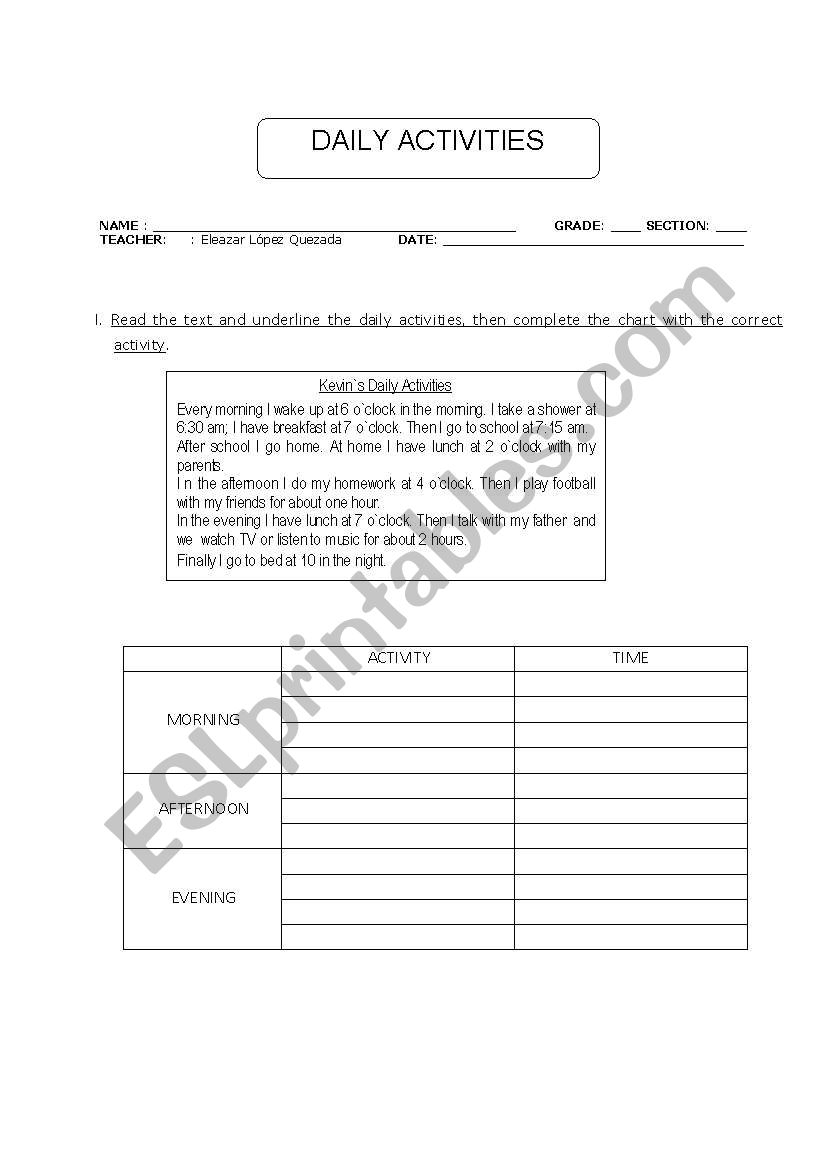 daily activities worksheet