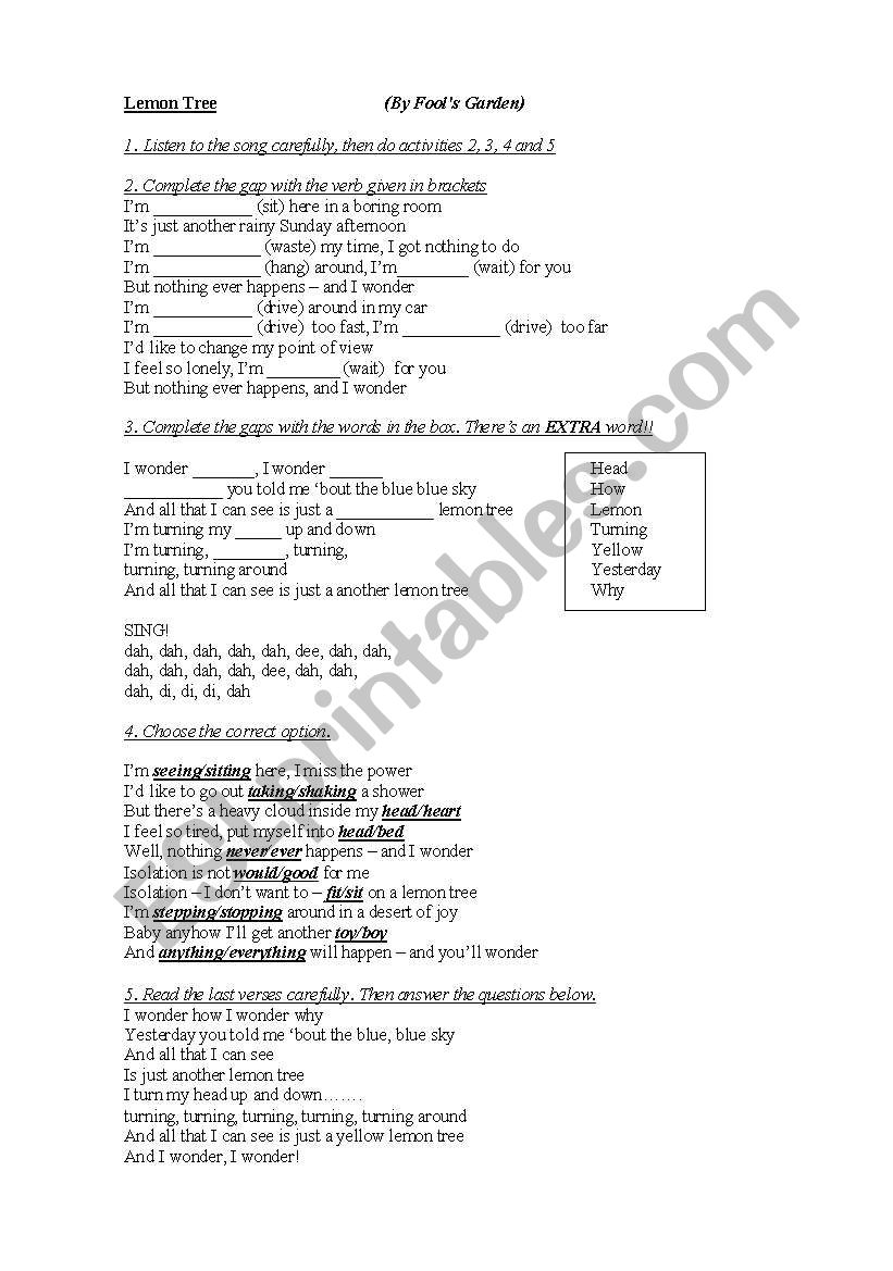 Lemon tree by Fools garden worksheet