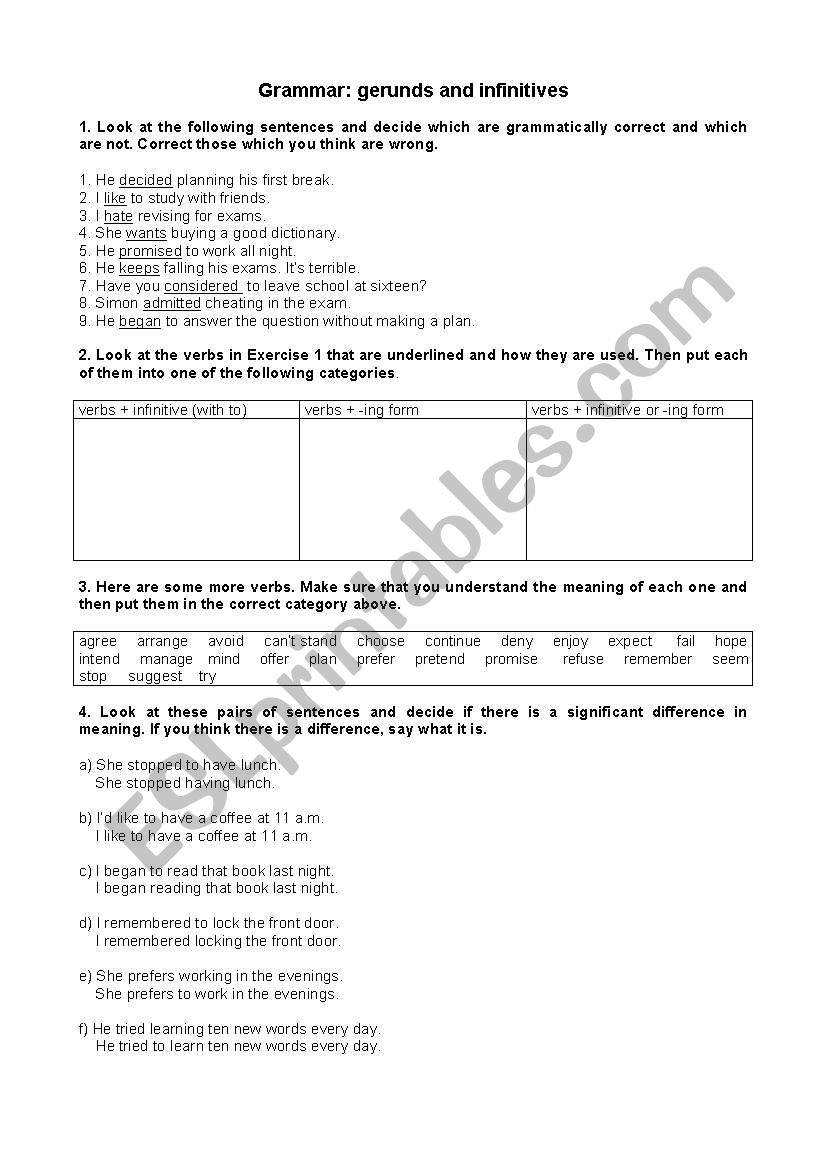 Gerunds and Infinitives worksheet