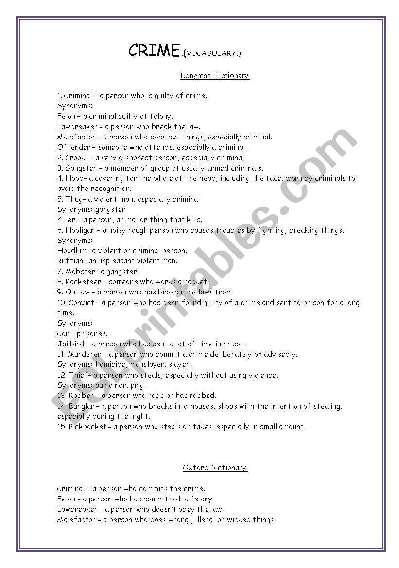   Crime ( vocabulary) worksheet