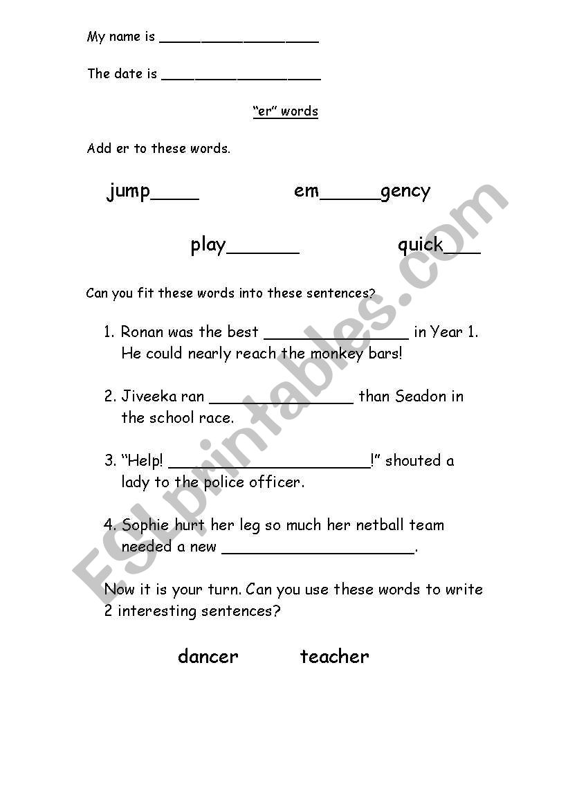 er,ar,ue words worksheet