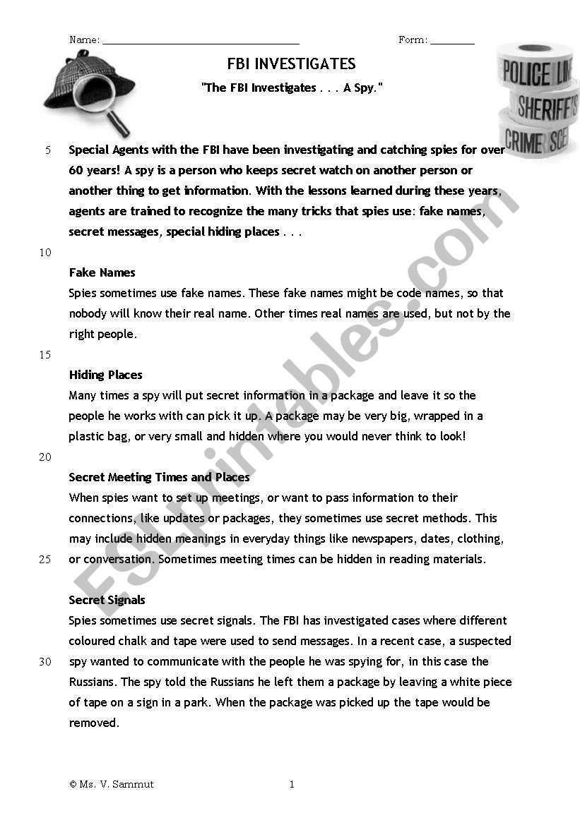Reading Comprehension FBI worksheet