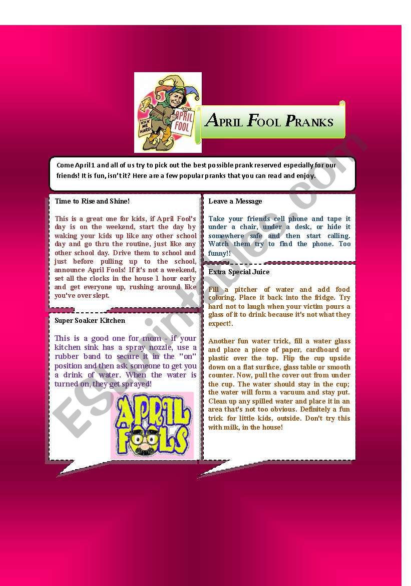 April 1 Fools Day Pranks worksheet