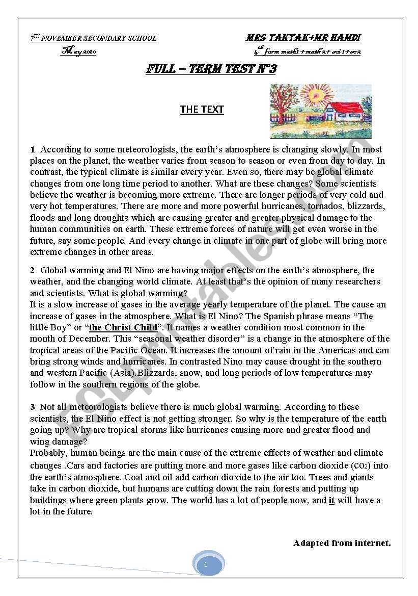 full-term test nÂ°3 4th form  worksheet