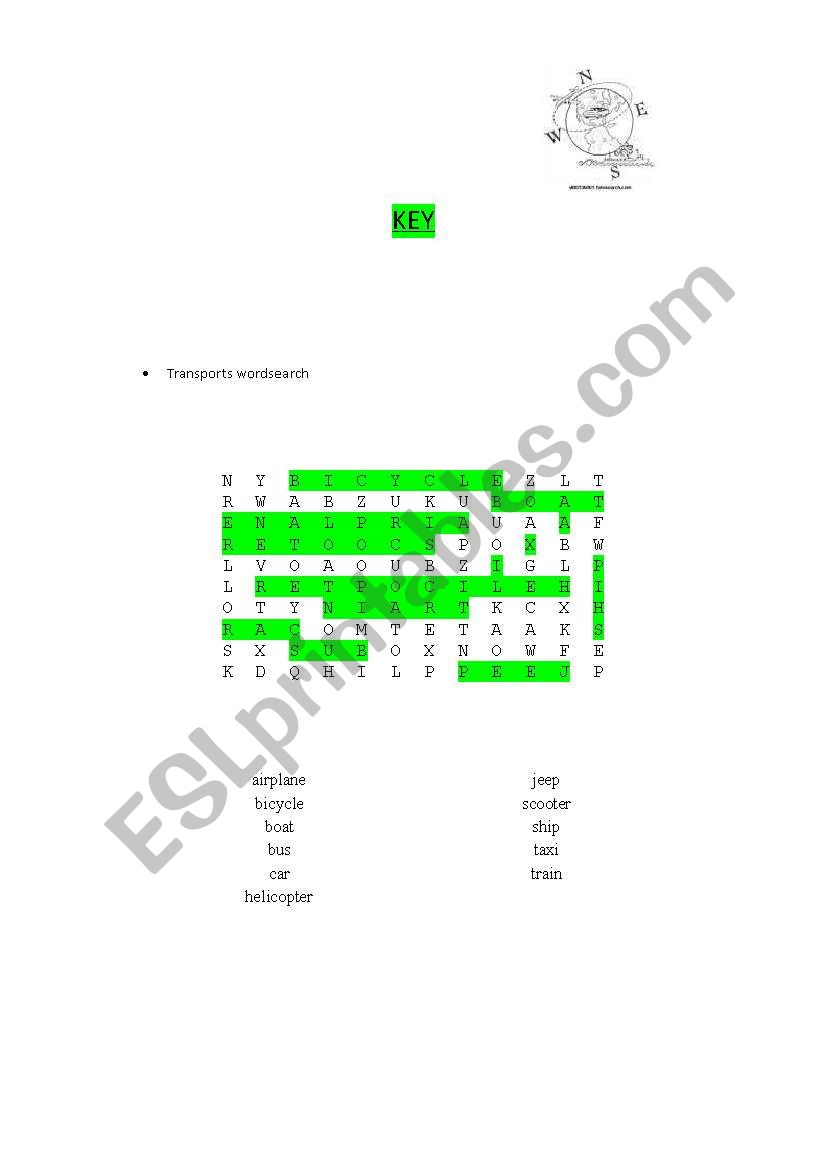 Transports wordsearch worksheet