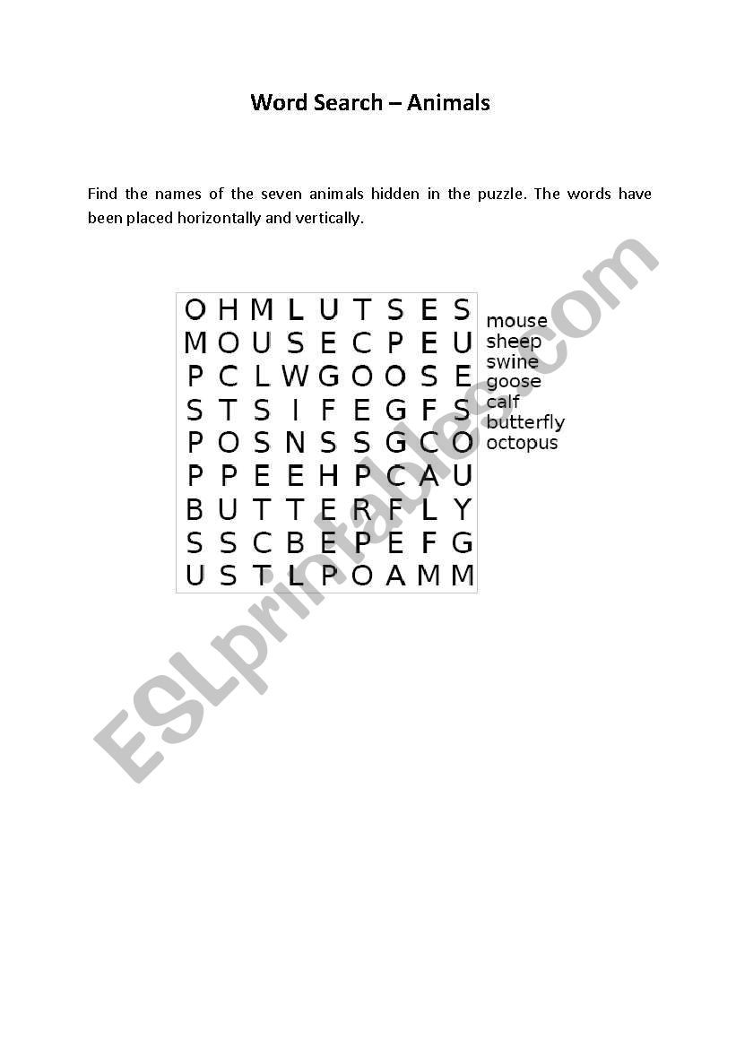 Word Search Animals 2 worksheet