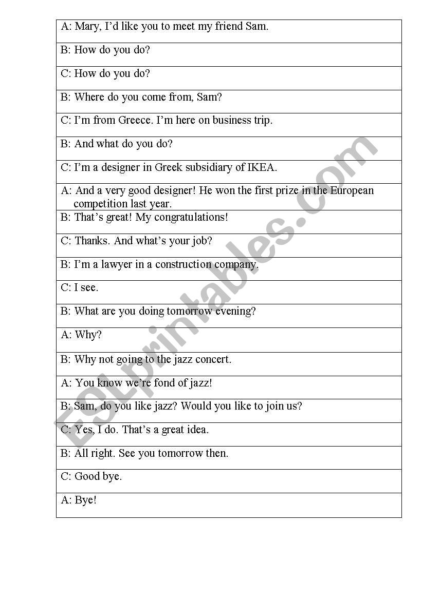 Presenting a new person worksheet