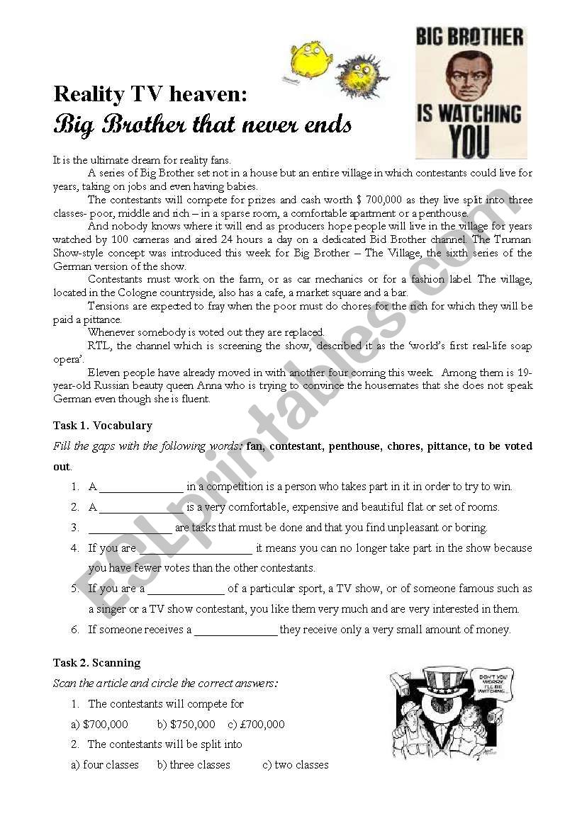 Reality TV heaven worksheet