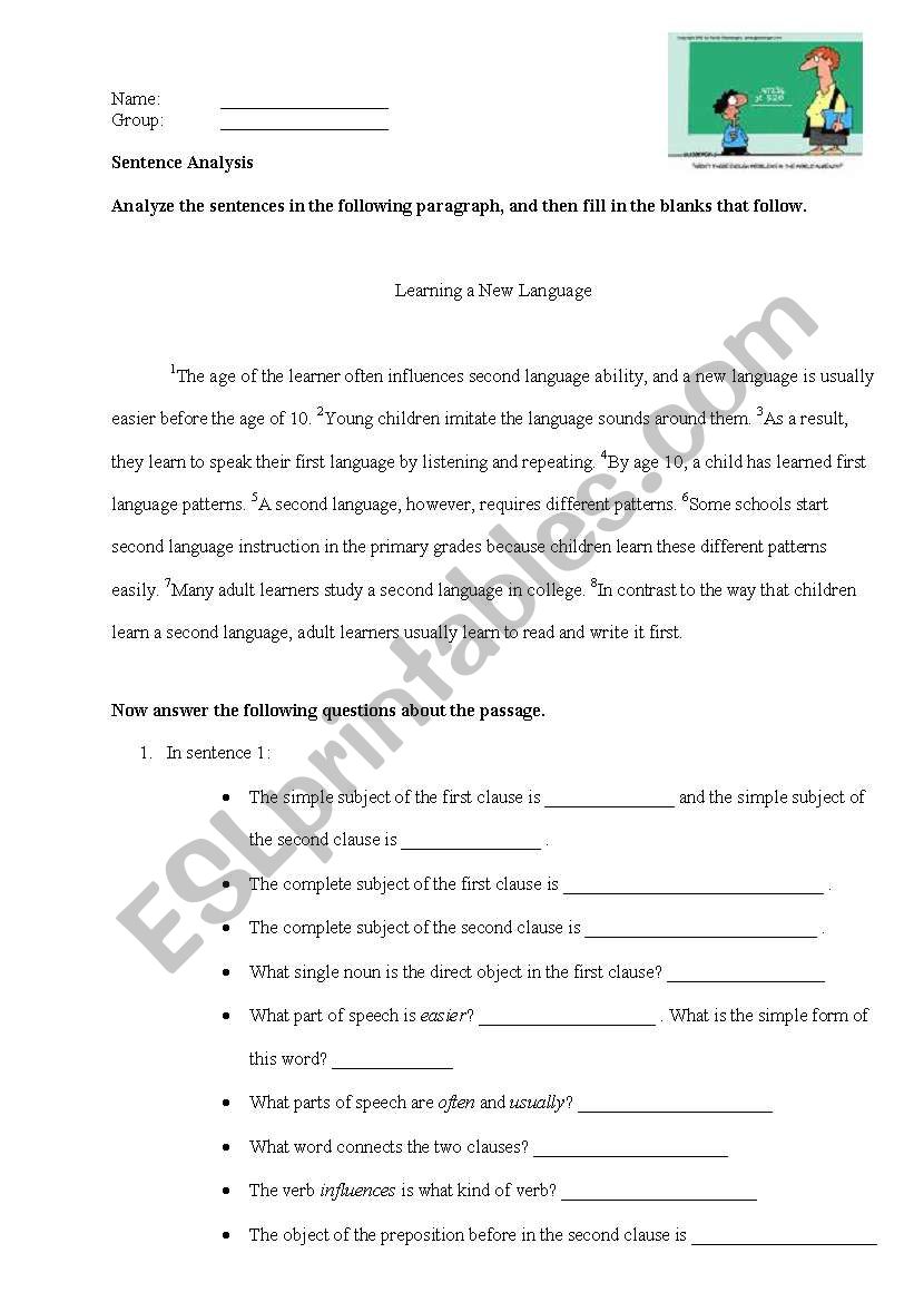 Sentence analysis worksheet
