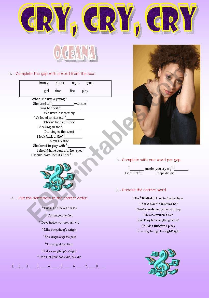 Oceana - cry cry cry worksheet