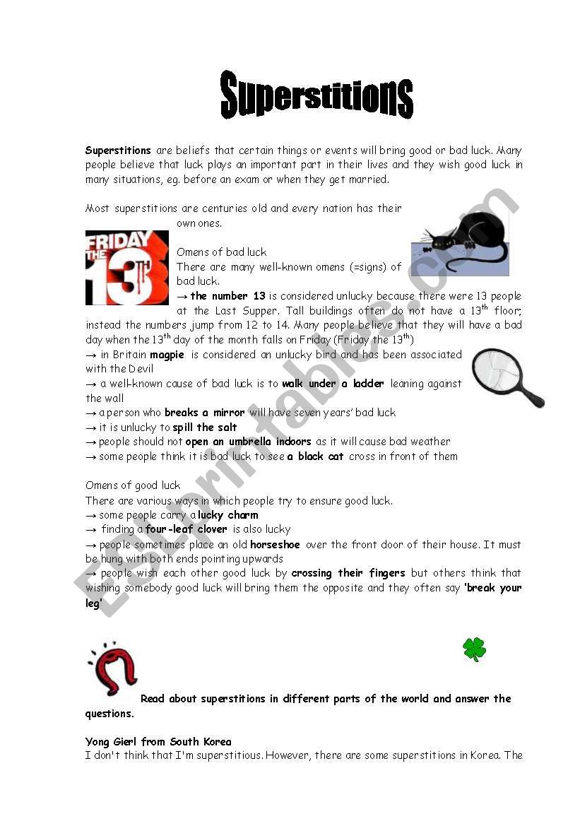 Superstitions worksheet