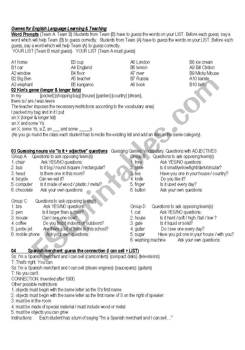 games worksheet