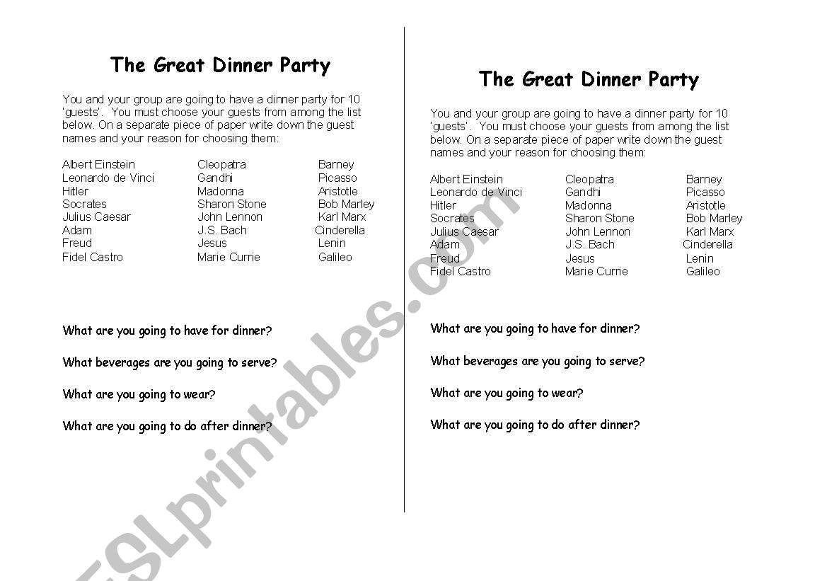 A Great Dinner worksheet