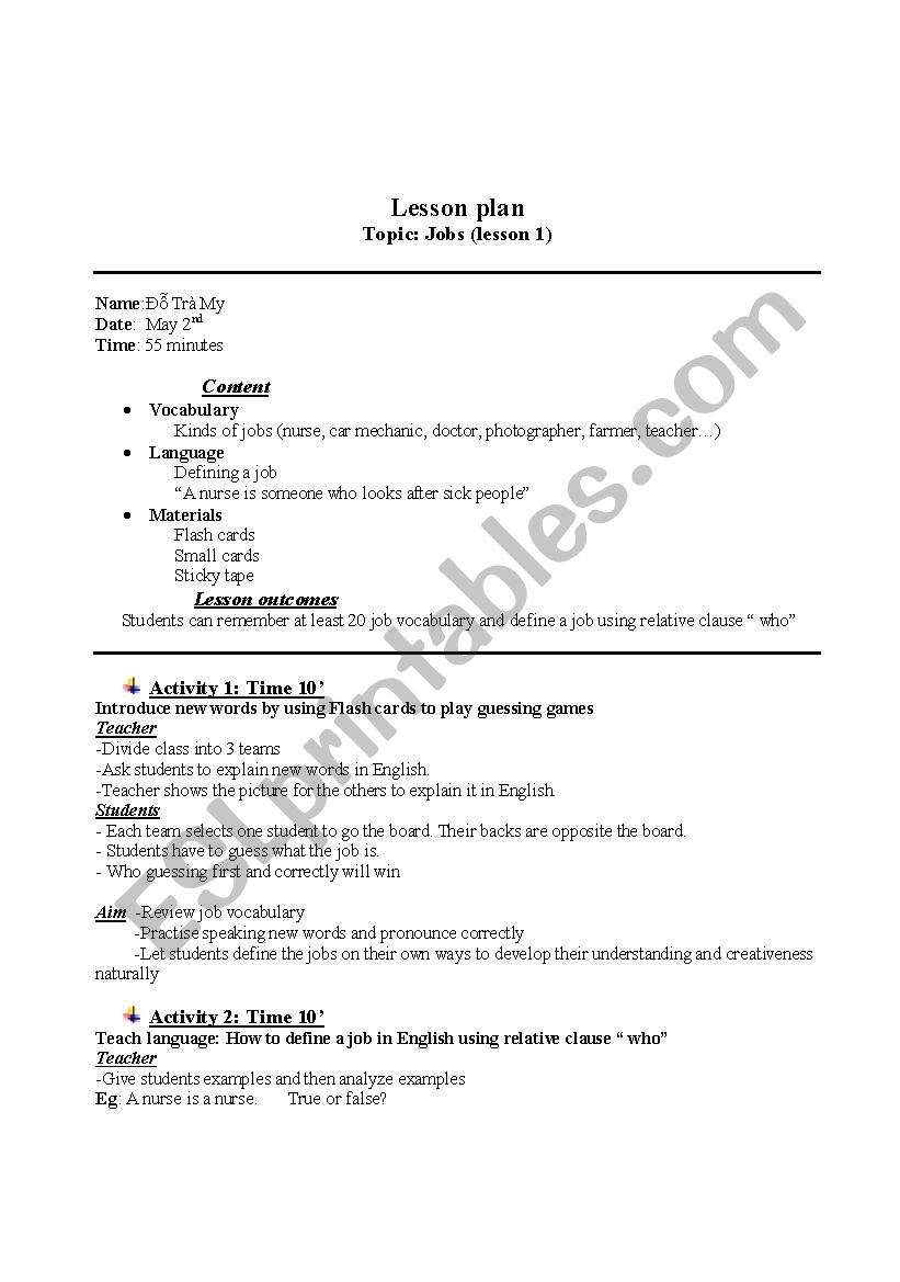 lesson plan for defining a job