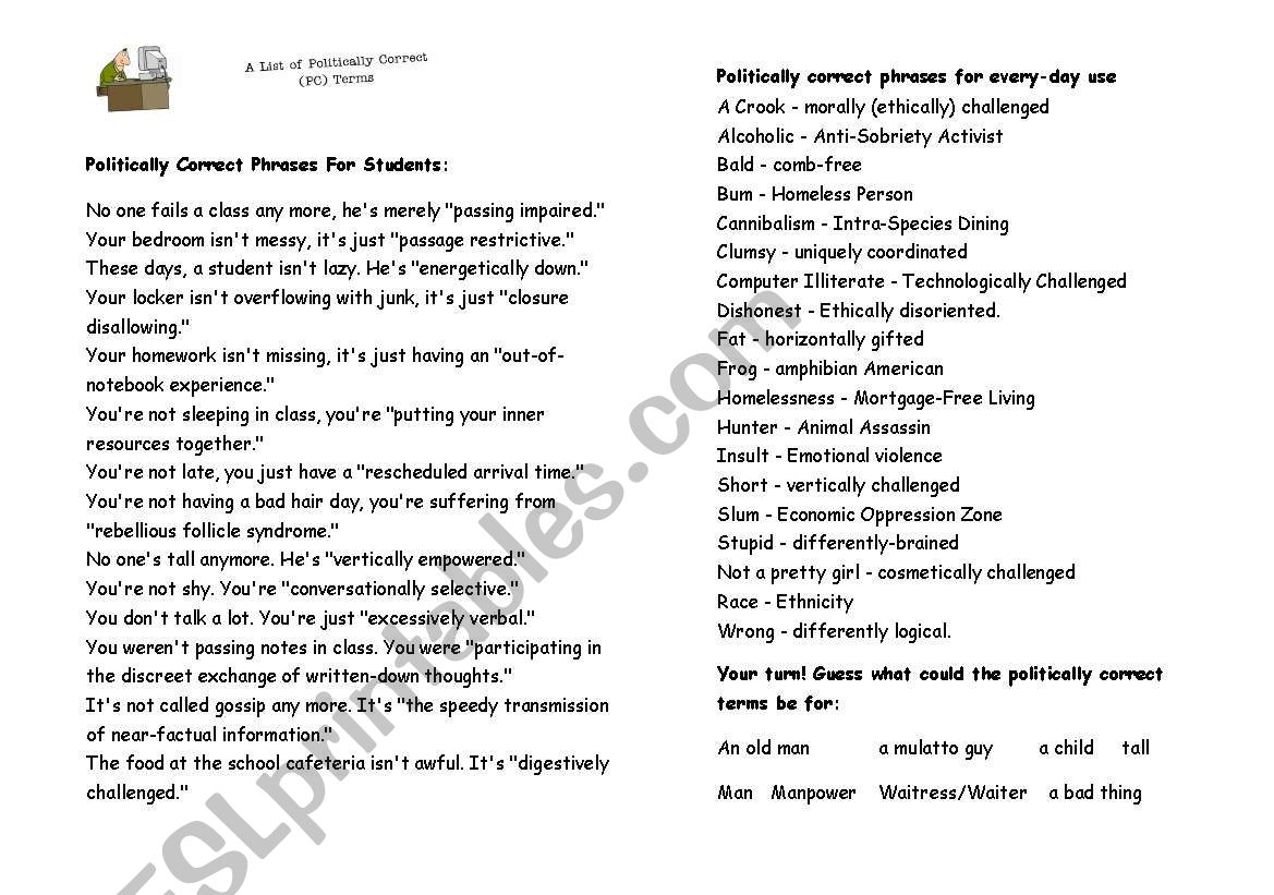 Poltically correct language worksheet