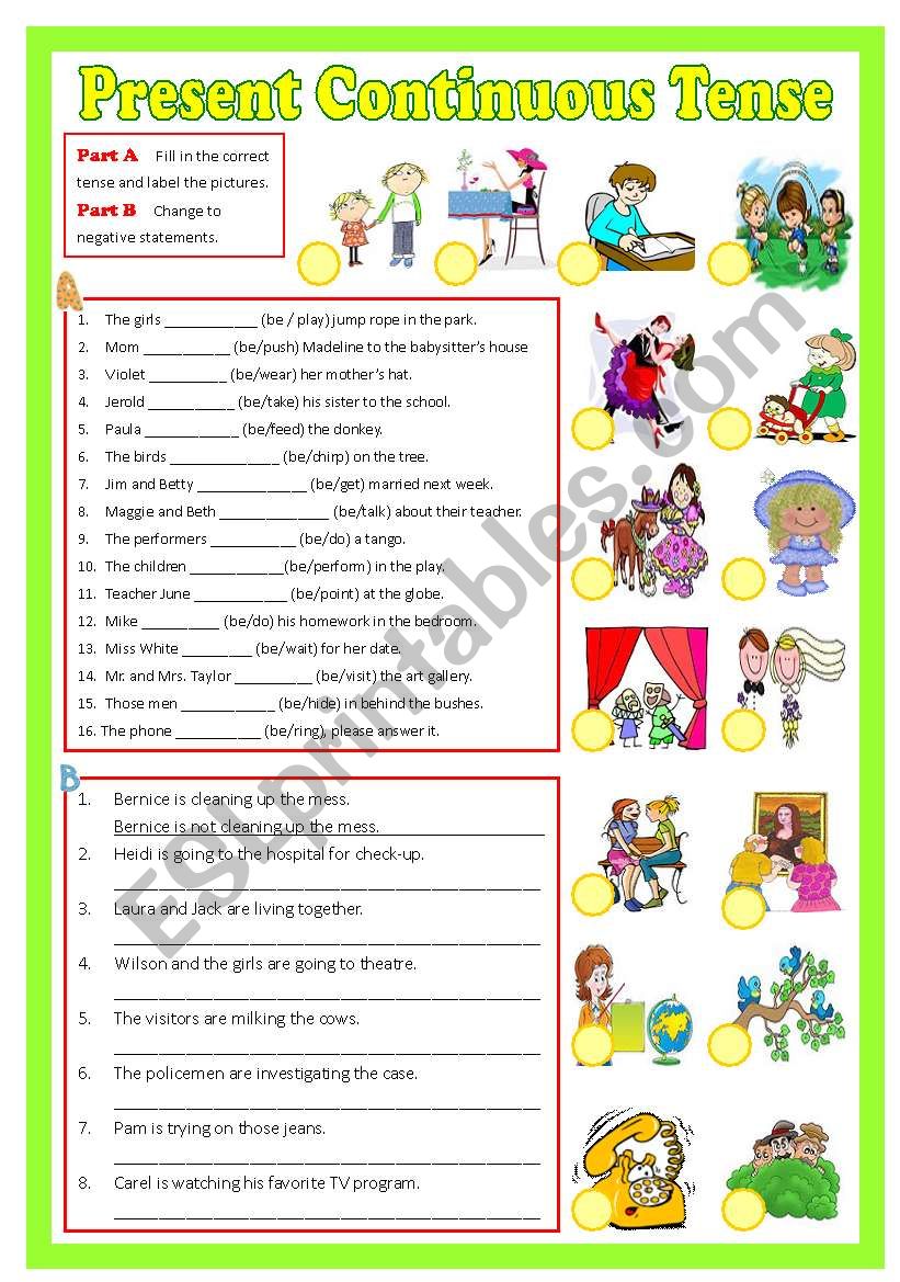 Present Continuous Tense (B/W & Keys)