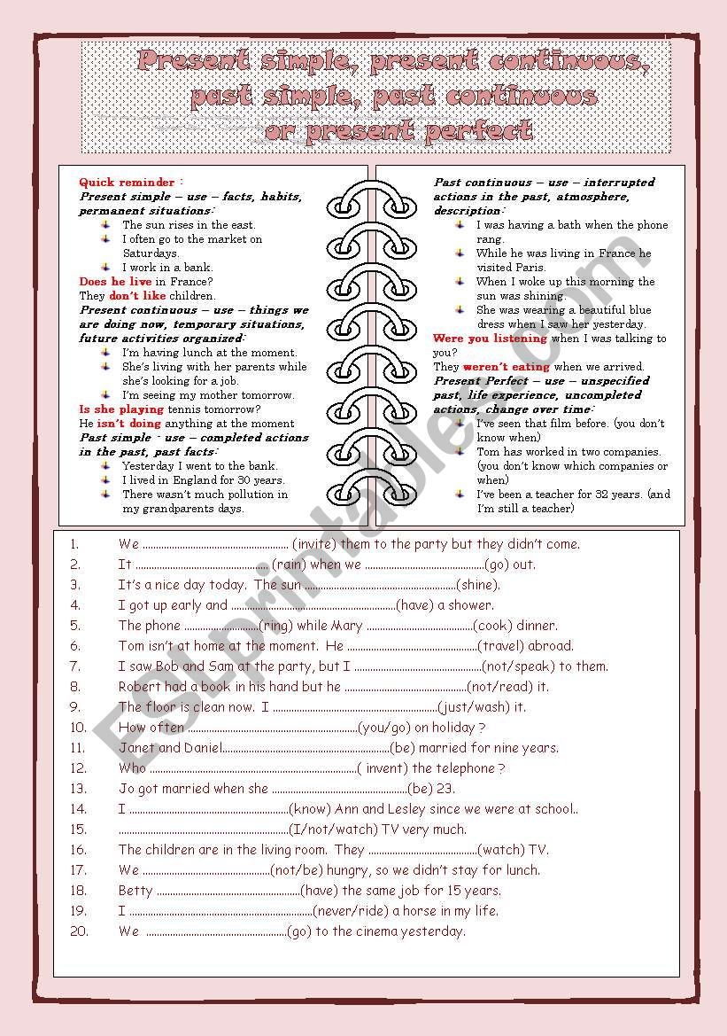 Present simple, present continuous, past simple, past continuous and present perfect