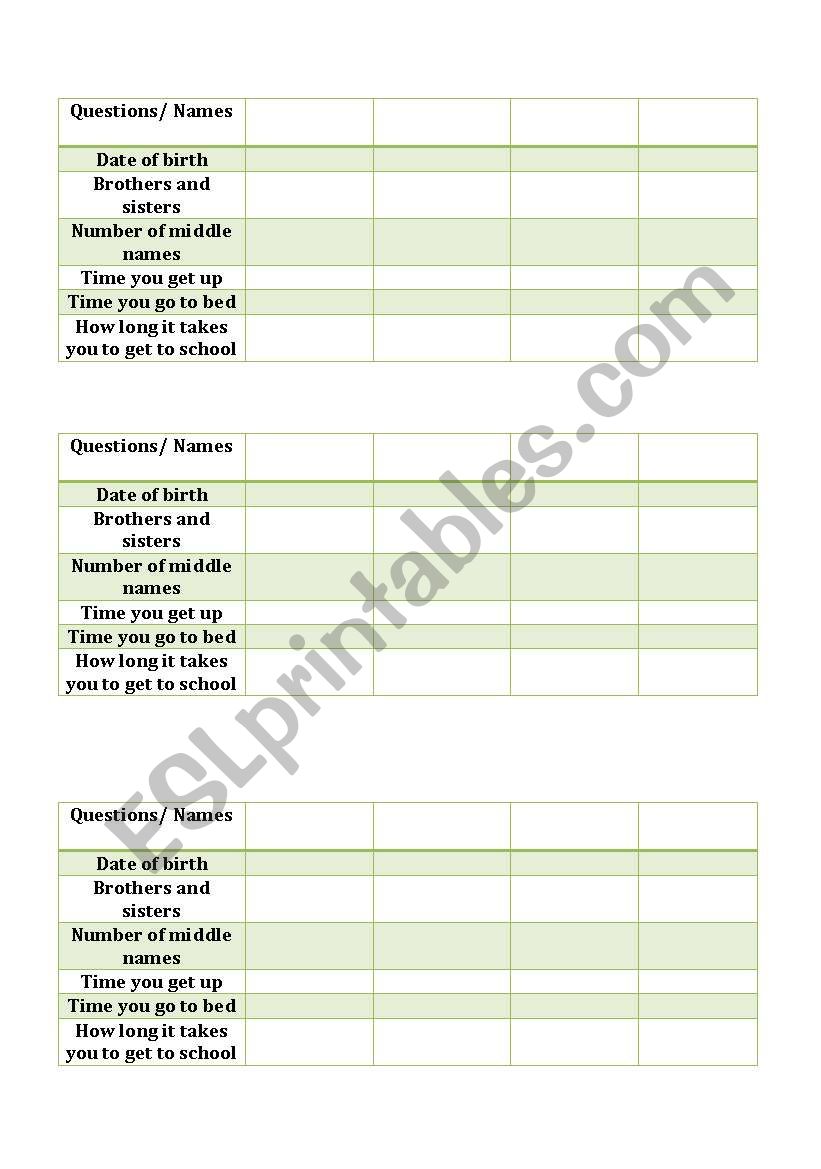 Class Survey - Stand in line worksheet