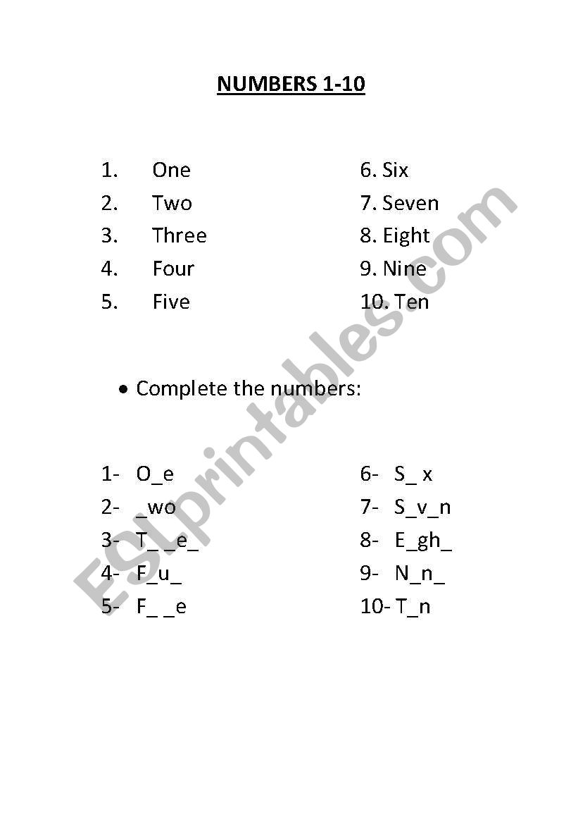 Numbers worksheet