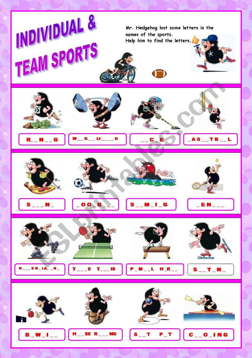 Sport - missing letters  (Mr. Hedgehog series 1/3) - fully editable