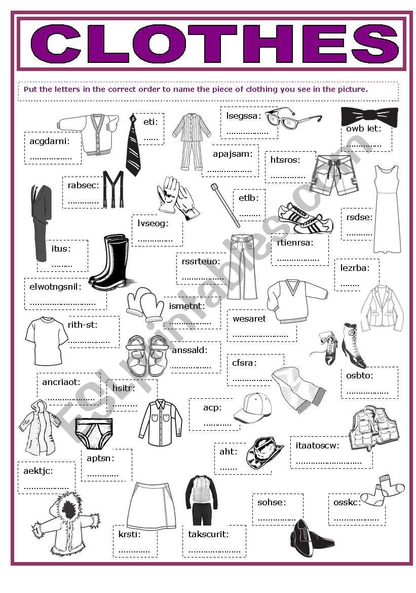 Clothes (anagrams) worksheet