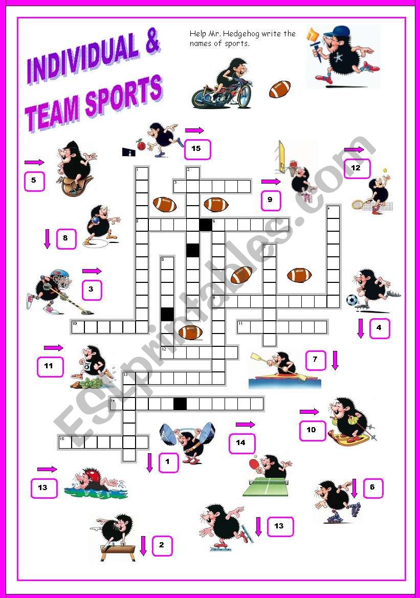 Sport crossword ( Mr Hedgehog series 3/3) fully editable the key