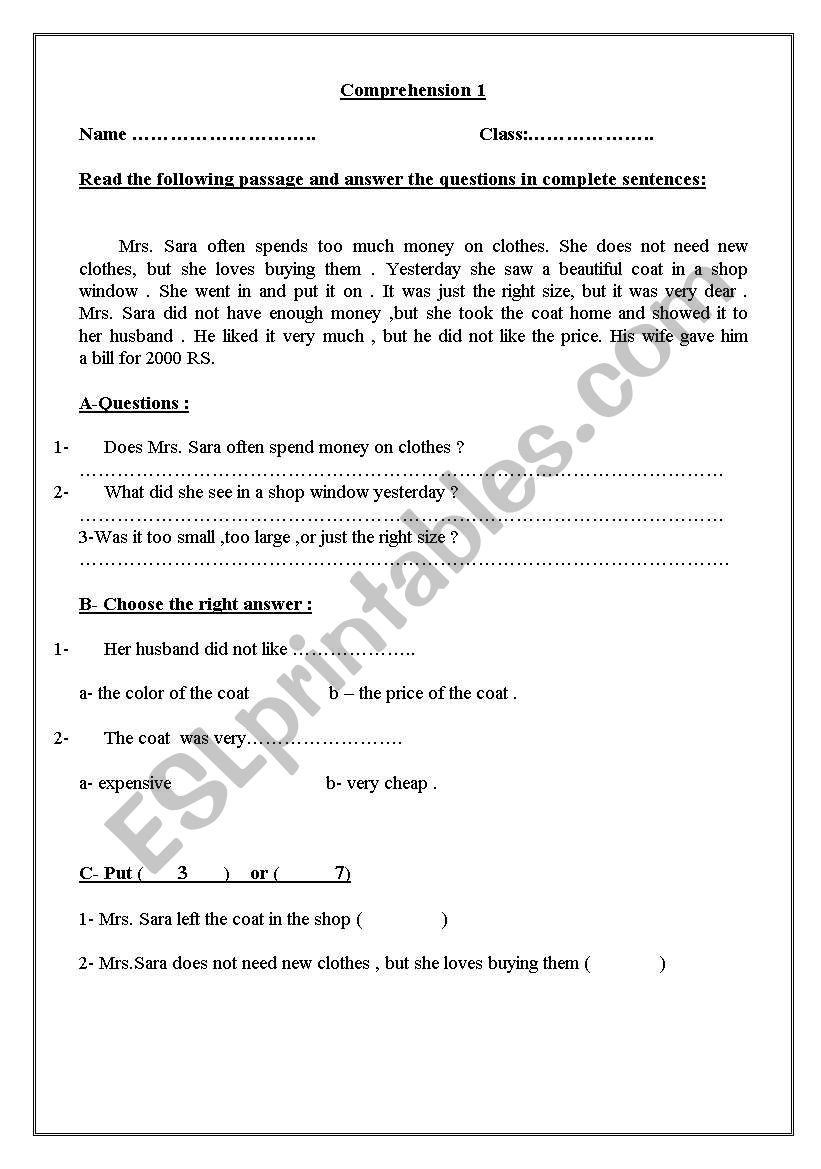 13 Comprehensions  worksheet