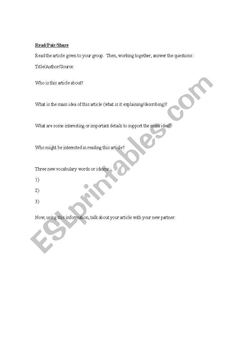 Read-Pair-Share worksheet