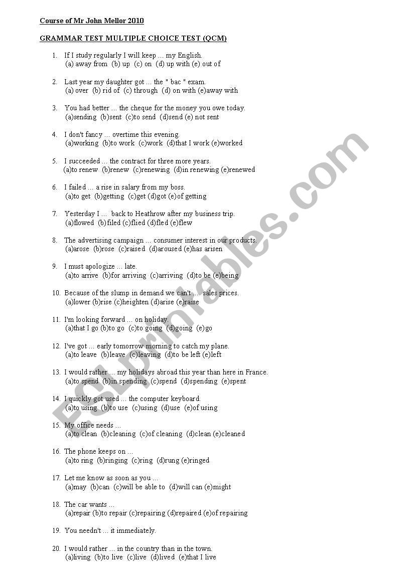 GRAMMAR TEST ONE  INTERMEDIATE LEVEL