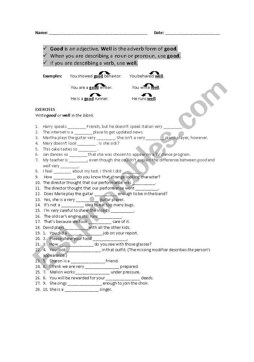 Good or Well worksheet