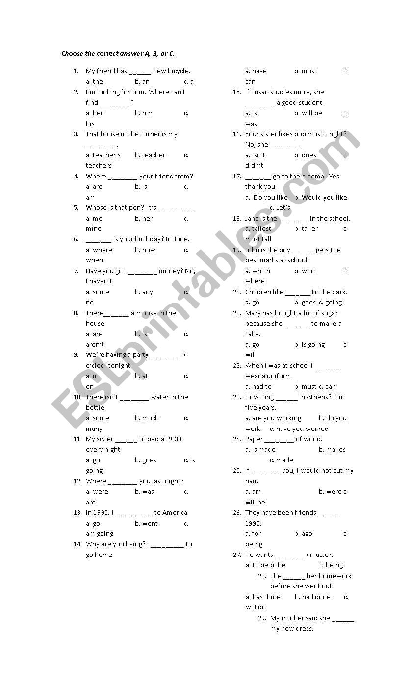 Placement test worksheet