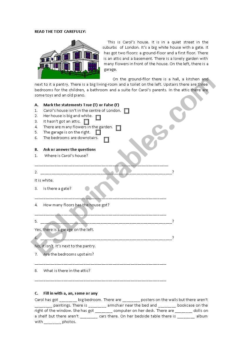 Carols house worksheet