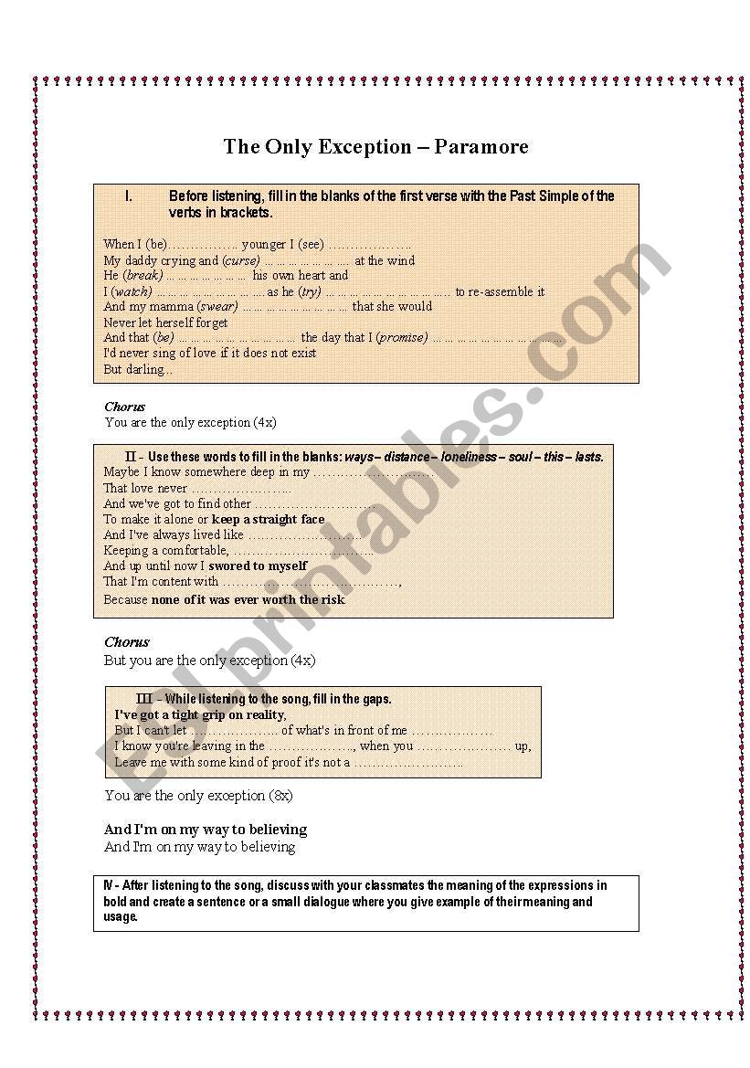 The only exception - Paramore worksheet