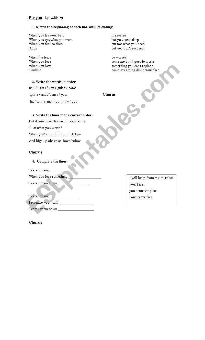 FIX YOU by Coldplay worksheet