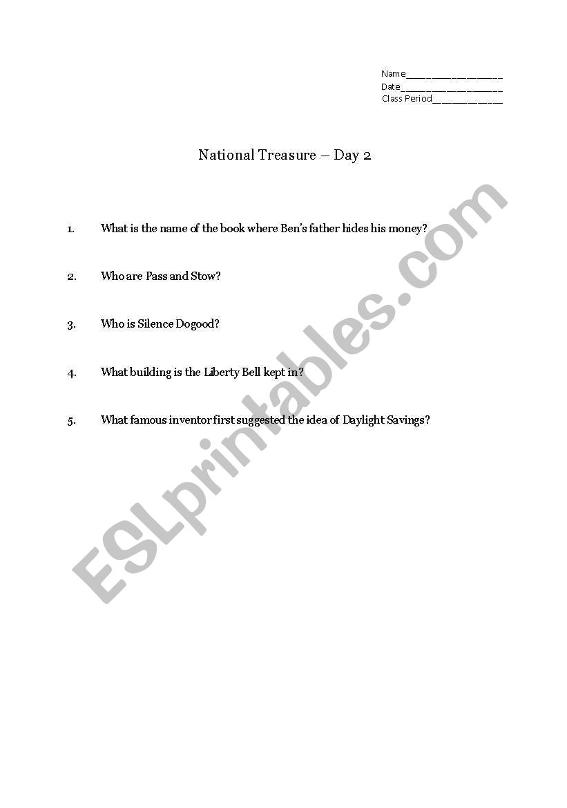 National Treasure worksheet