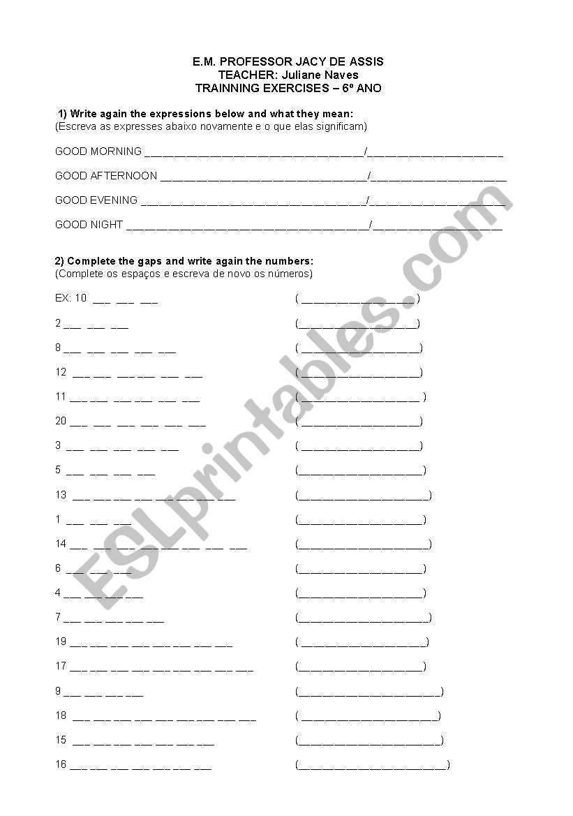 Greetings and Numbers worksheet