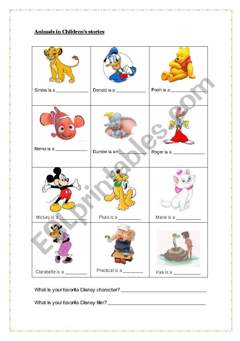 Animals in Disney stories worksheet