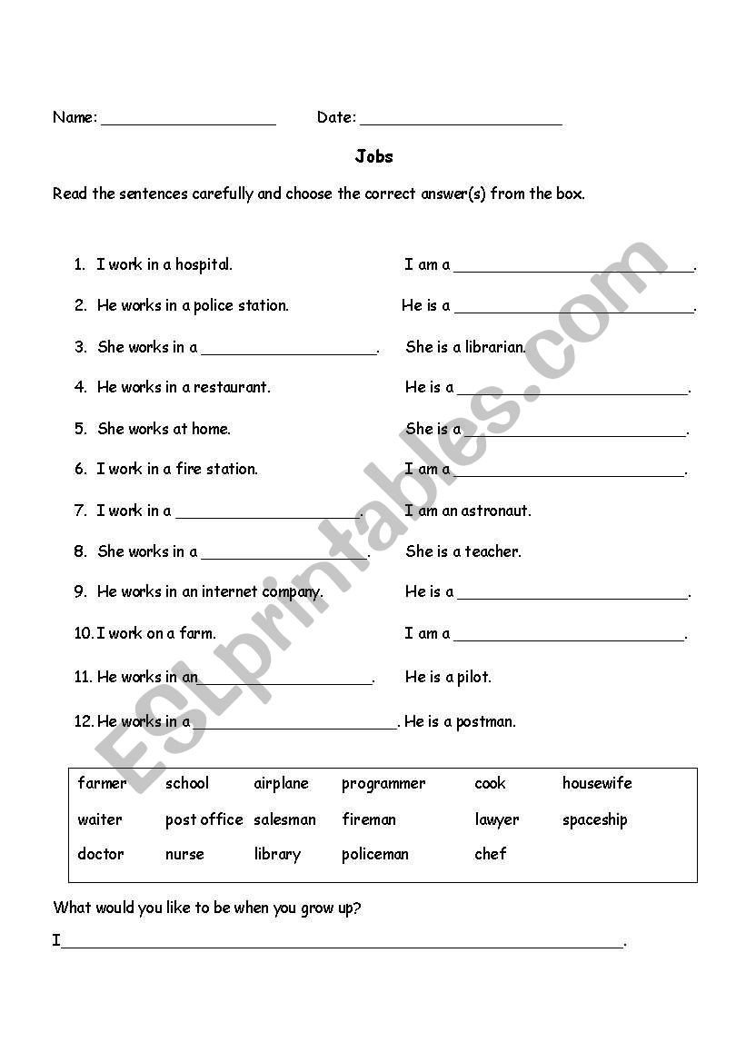 Jobs & Workplace worksheet