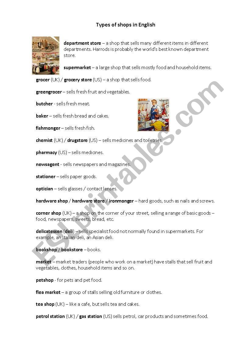 types of shops in England worksheet