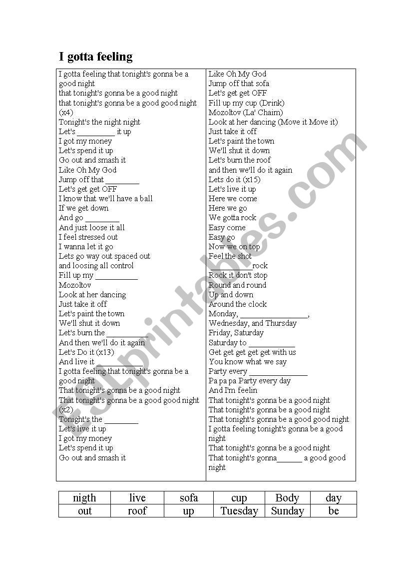 SONG worksheet