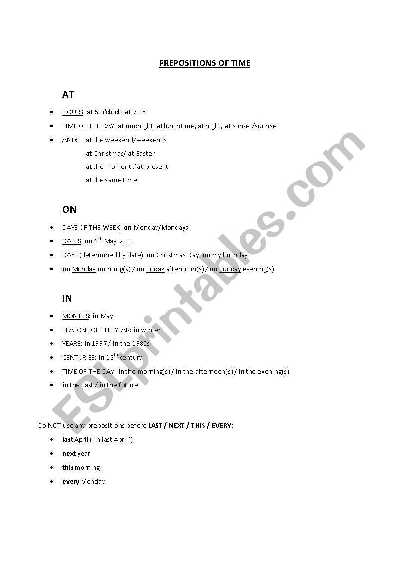 Prepositions of time worksheet