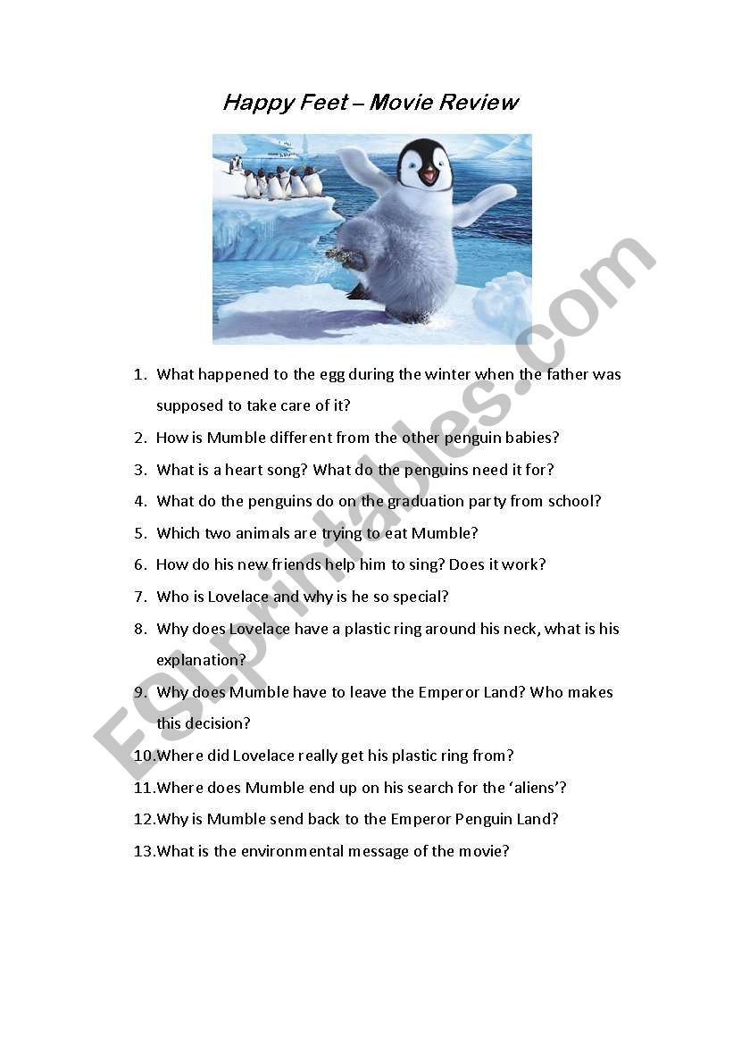 Happy Feet Movie Review worksheet