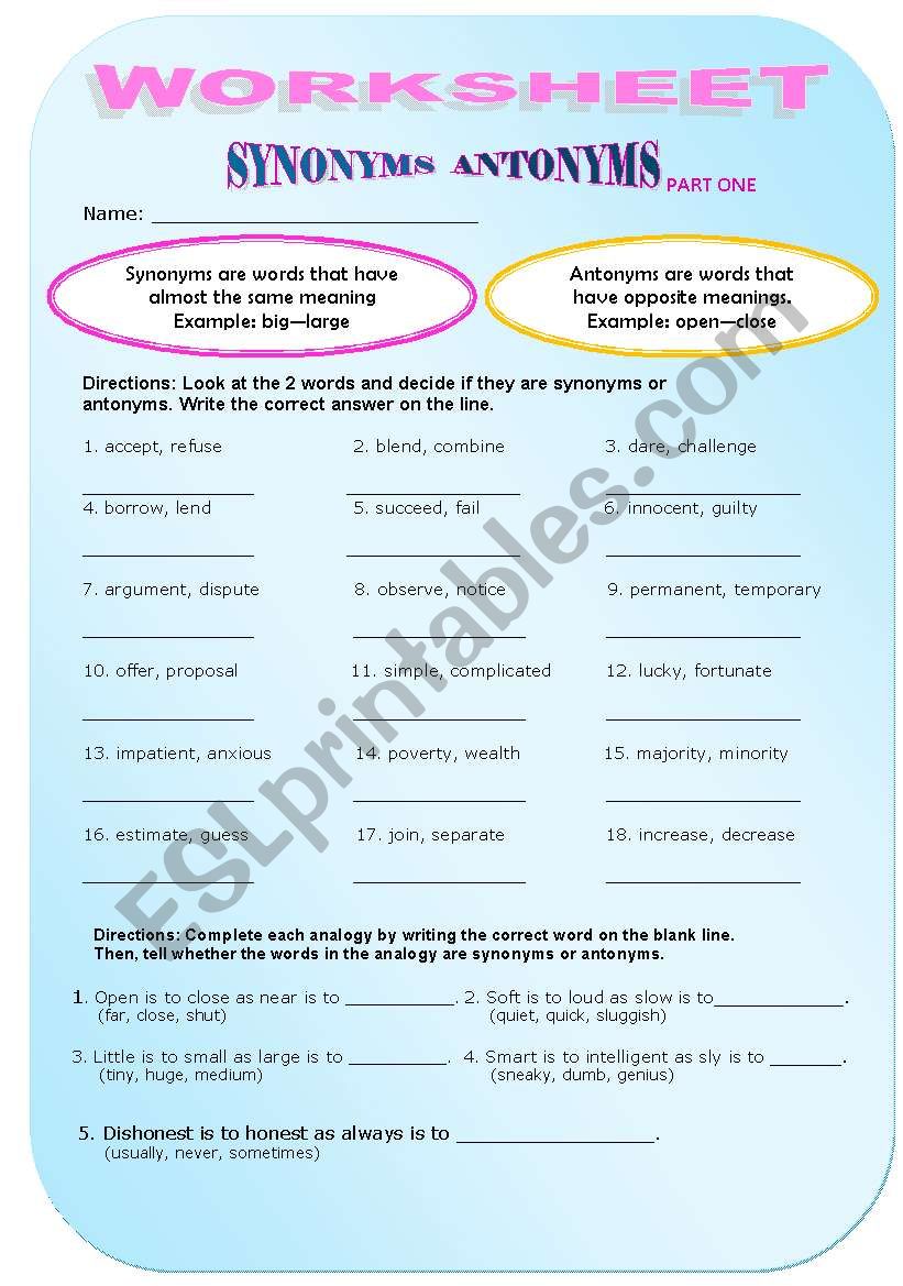 SYNONYMS VS ANTNONYMS worksheet