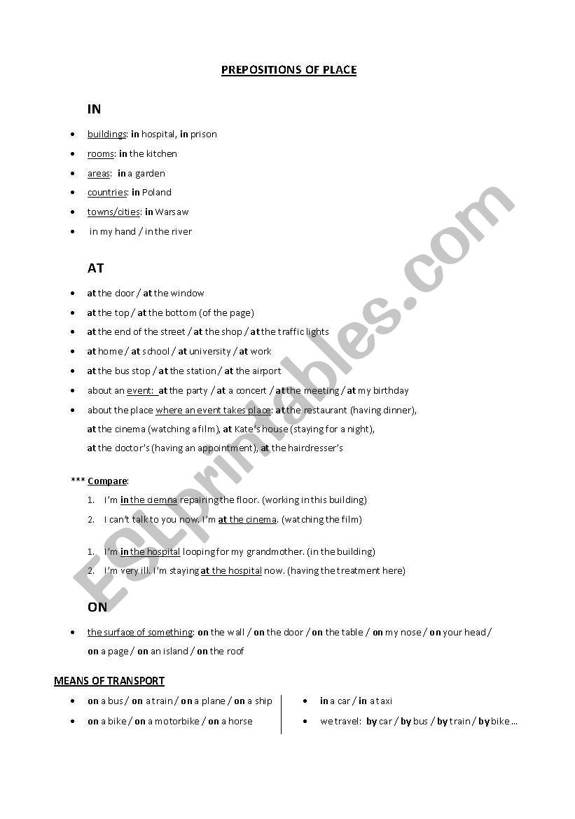 Prepositions of place worksheet