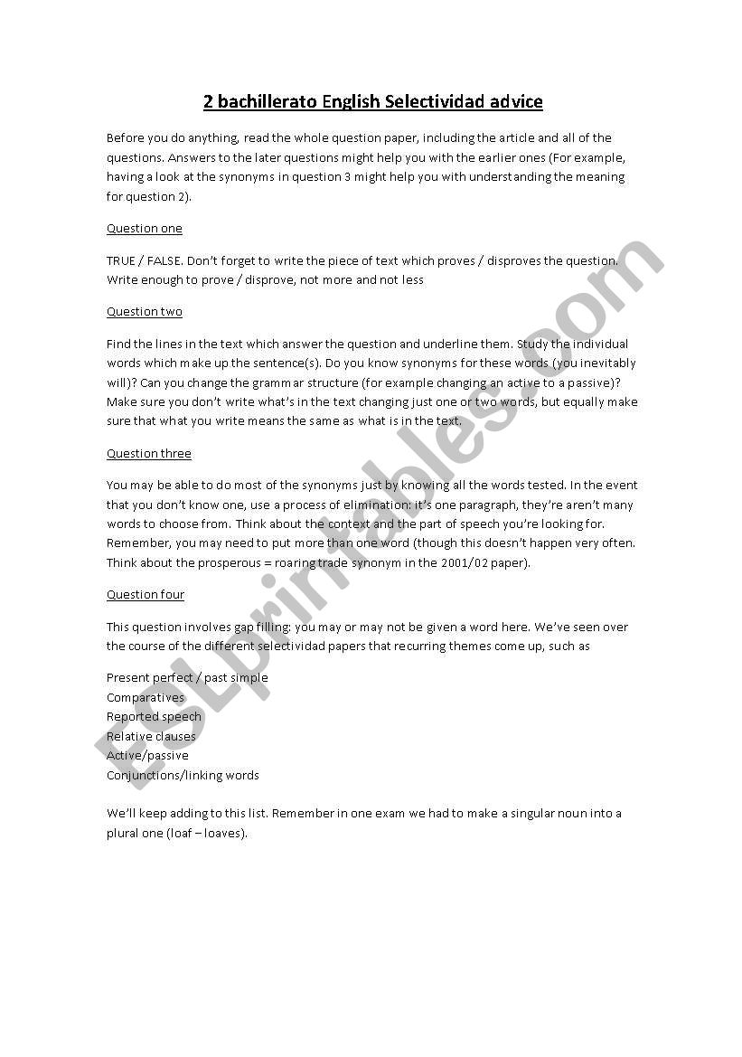 Advice for selectividad English in Spain