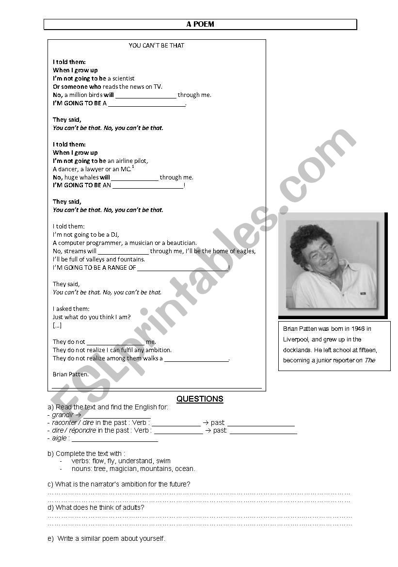Poem: No You Can´t Be That worksheet