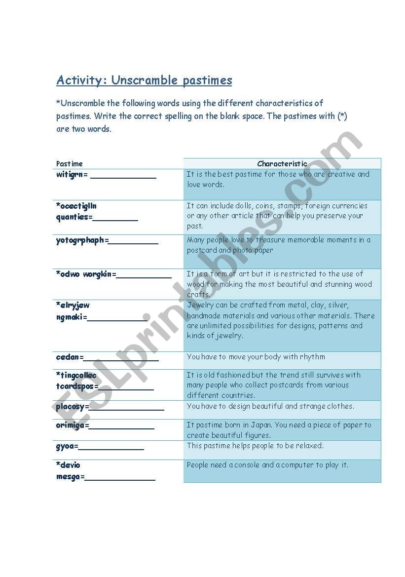 Unscramble pastimes worksheet